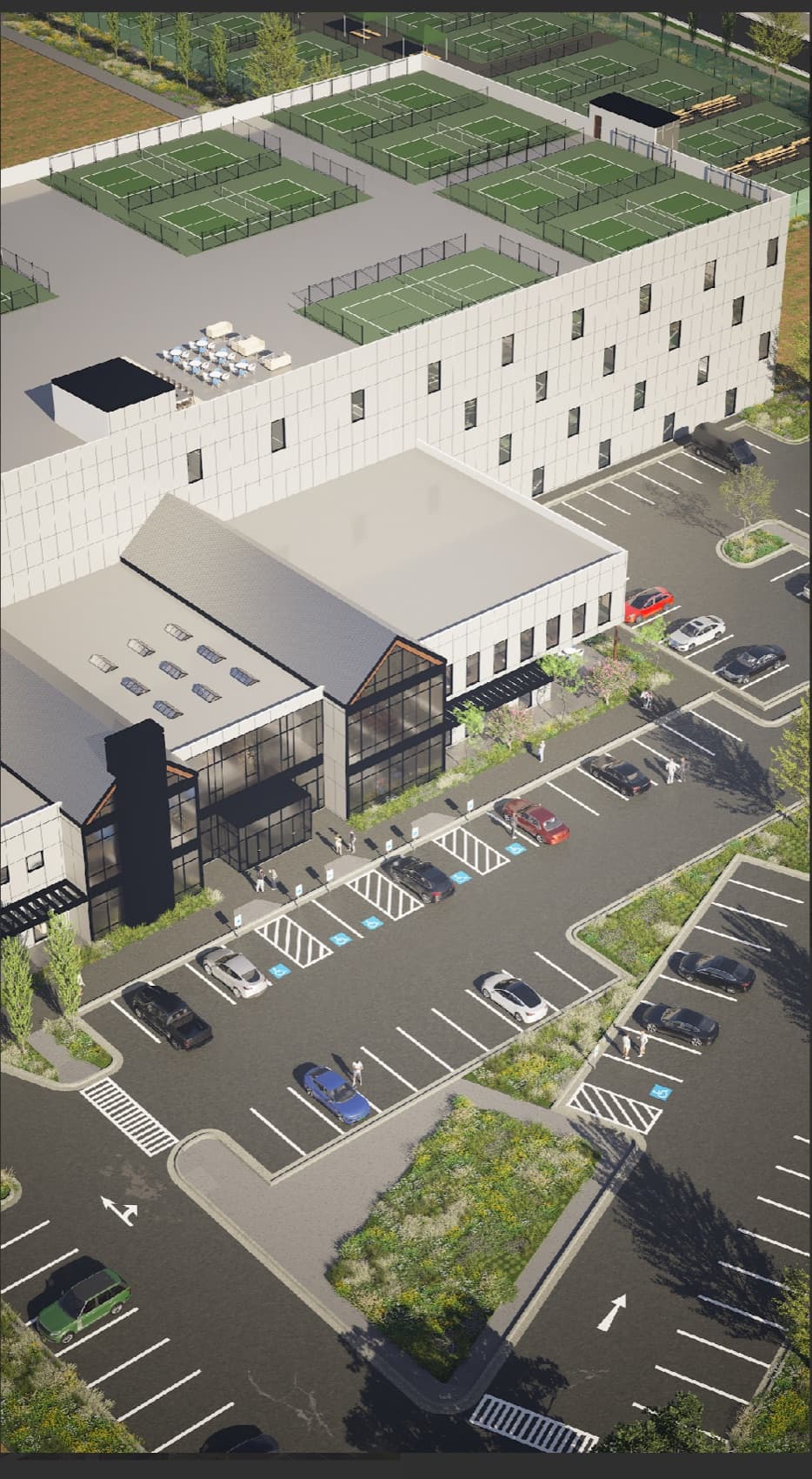 Aerial rendering showing the rooftop courts at Utah Athletic House